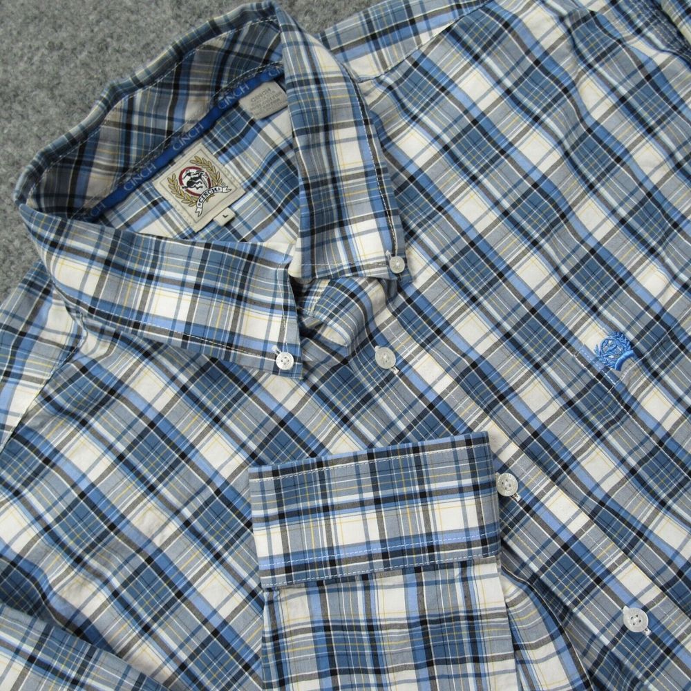 Cinch Jeans Shirt Mens Large Blue Plaid Western Cowboy Rodeo Long‎ Sleeve